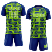 Load image into Gallery viewer, Custom Royal Neon Green-White Line Sublimation Soccer Uniform Jersey
