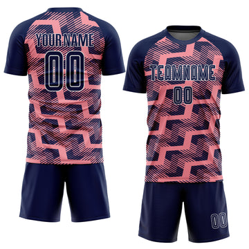 Custom Navy Medium Pink-White Line Sublimation Soccer Uniform Jersey