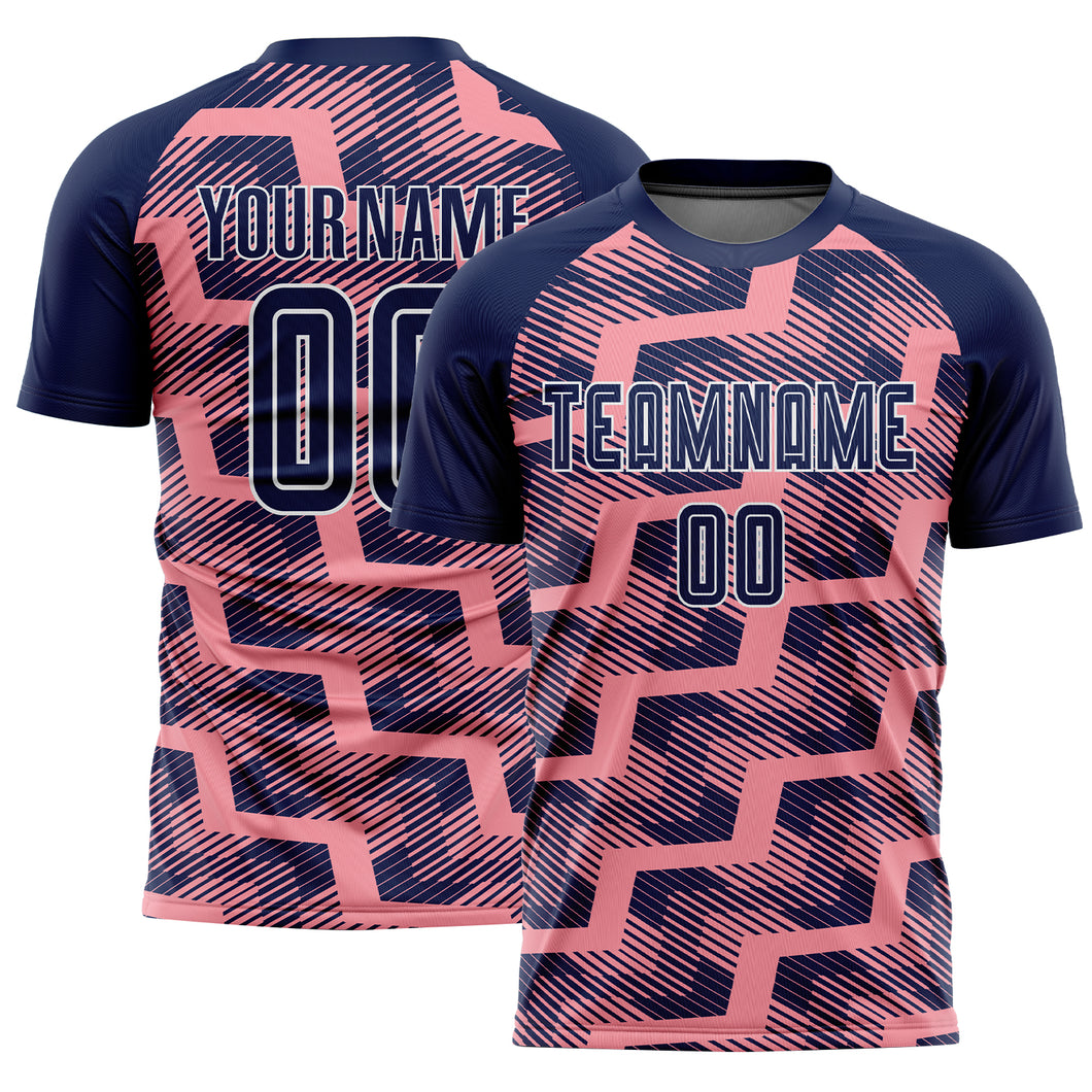 Custom Navy Medium Pink-White Line Sublimation Soccer Uniform Jersey