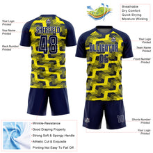 Load image into Gallery viewer, Custom Navy Light Yellow-White Line Sublimation Soccer Uniform Jersey
