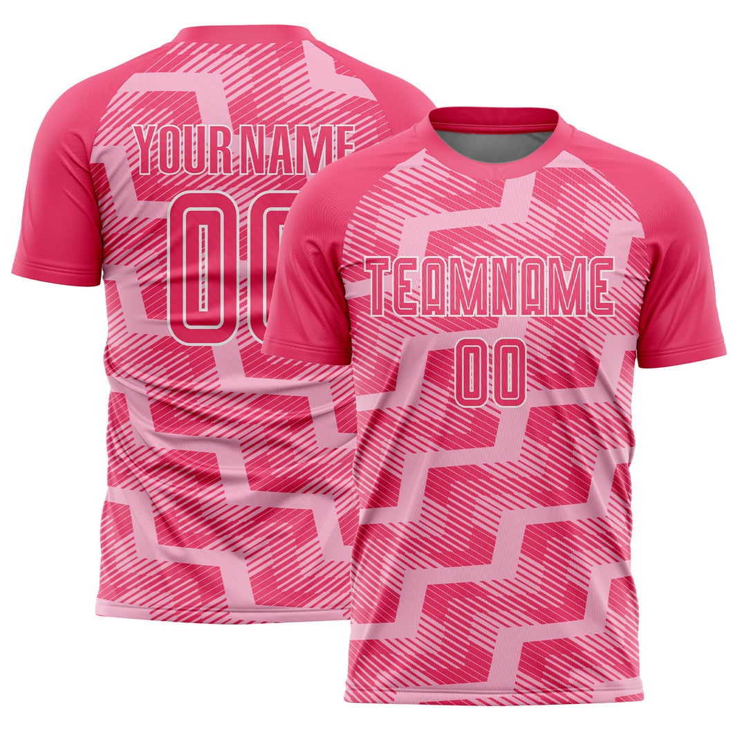 Custom Neon Pink Light Pink-White Line Sublimation Soccer Uniform Jersey