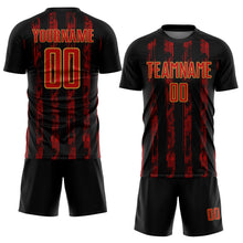 Load image into Gallery viewer, Custom Black Red-Old Gold Line Sublimation Soccer Uniform Jersey
