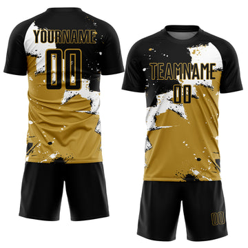 Custom Black White-Old Gold Spalsh Sublimation Soccer Uniform Jersey