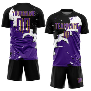 Custom Black Purple-Old Gold Spalsh Sublimation Soccer Uniform Jersey