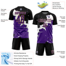 Load image into Gallery viewer, Custom Black Purple-Old Gold Spalsh Sublimation Soccer Uniform Jersey
