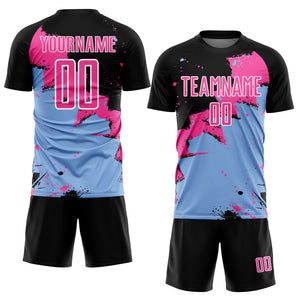 Custom Black Pink-Light Blue Spalsh Sublimation Soccer Uniform Jersey