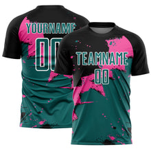 Load image into Gallery viewer, Custom Black Teal-Pink Spalsh Sublimation Soccer Uniform Jersey
