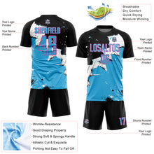 Load image into Gallery viewer, Custom Black Sky Blue-Pink Spalsh Sublimation Soccer Uniform Jersey
