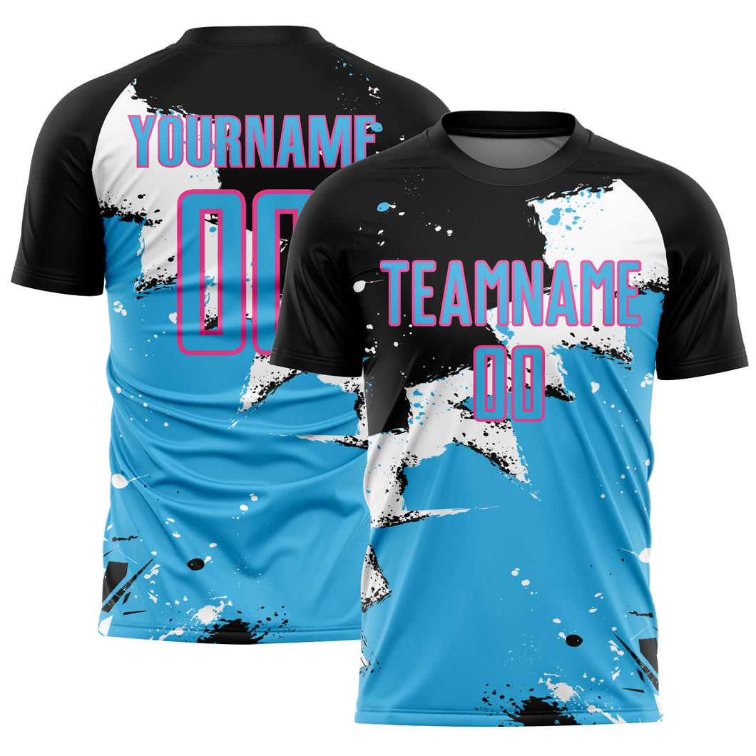 Custom Black Sky Blue-Pink Spalsh Sublimation Soccer Uniform Jersey