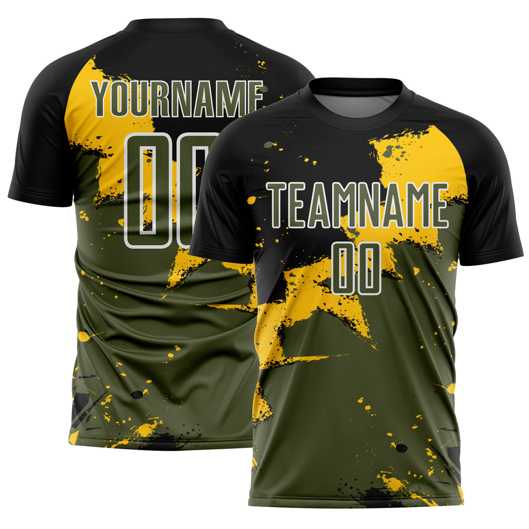 Custom Black Olive-Yellow Spalsh Sublimation Soccer Uniform Jersey