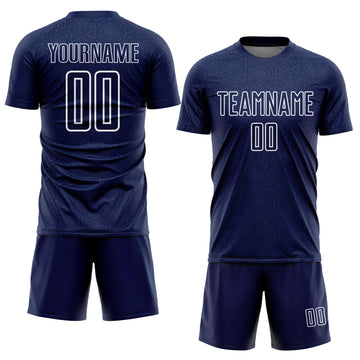 Custom Navy White Geometric Shape Sublimation Soccer Uniform Jersey