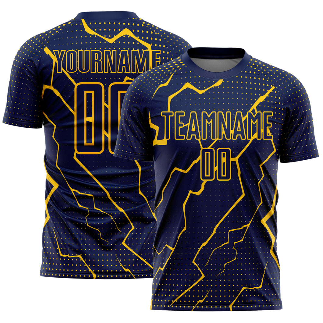 Custom Navy Yellow Lightning Sublimation Soccer Uniform Jersey