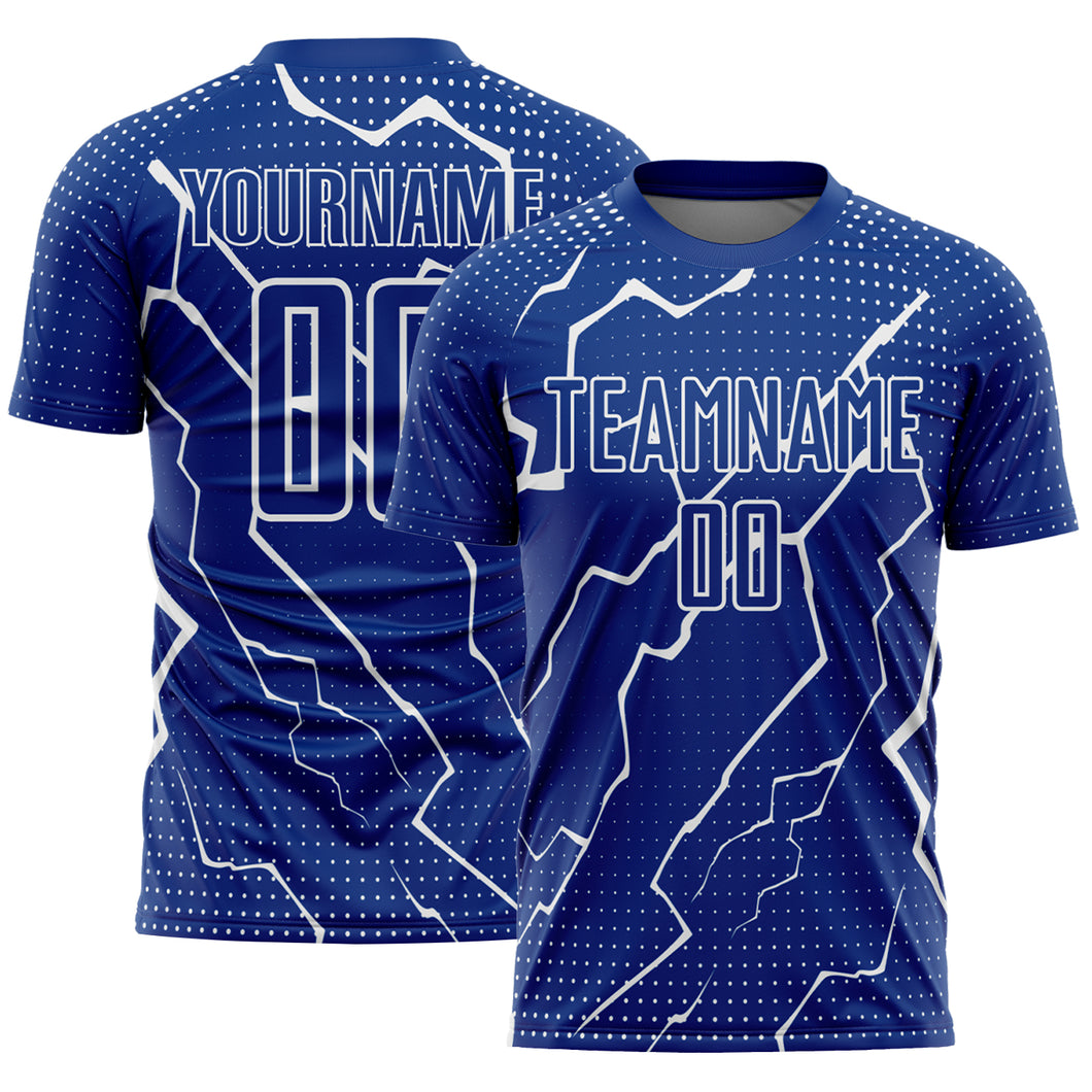 Custom Royal White Lightning Sublimation Soccer Uniform Jersey