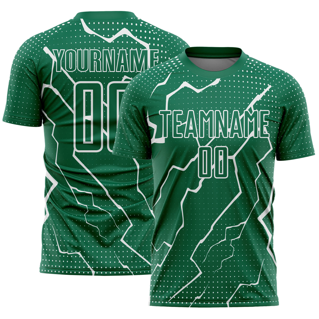 Custom Kelly Green White Lightning Sublimation Soccer Uniform Jersey