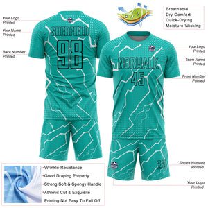 Custom Aqua Black-White Lightning Sublimation Soccer Uniform Jersey