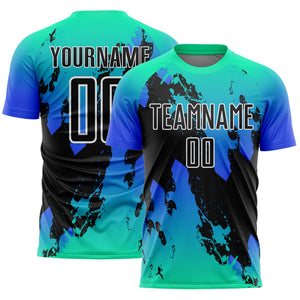 Custom Aqua Black-Thunder Blue Splash Sublimation Soccer Uniform Jersey