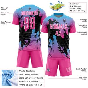 Custom Pink Sky Blue-Black Splash Sublimation Soccer Uniform Jersey