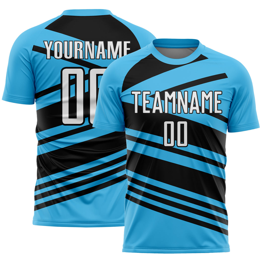 Custom Sky Blue White-Black Line Sublimation Soccer Uniform Jersey