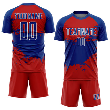 Custom Red Royal-White Splash Sublimation Soccer Uniform Jersey