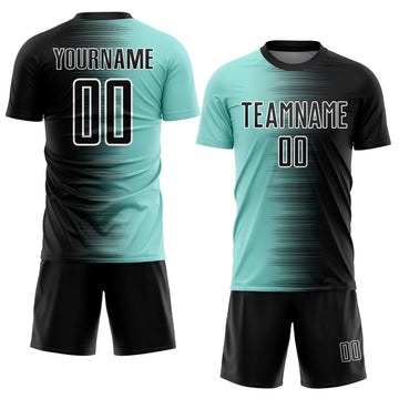 Custom Black Ice Blue-White Gradient Line Sublimation Soccer Uniform Jersey