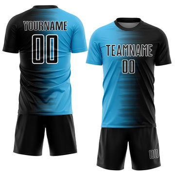 Custom Black Sky Blue-White Gradient Line Sublimation Soccer Uniform Jersey