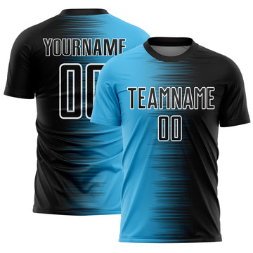 Custom Black Sky Blue-White Gradient Line Sublimation Soccer Uniform Jersey