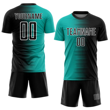 Custom Black Aqua-White Gradient Line Sublimation Soccer Uniform Jersey