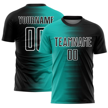 Custom Black Aqua-White Gradient Line Sublimation Soccer Uniform Jersey