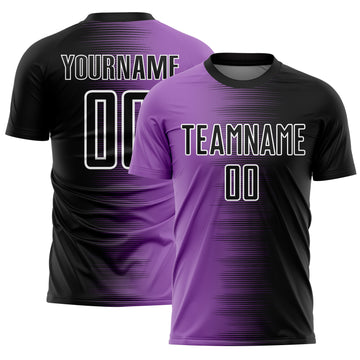 Custom Black Medium Purple-White Gradient Line Sublimation Soccer Uniform Jersey