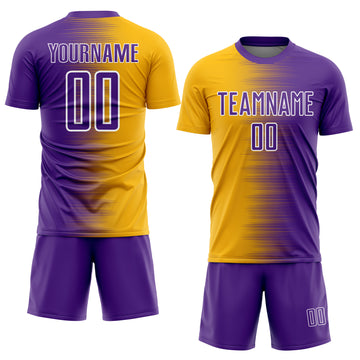 Custom Purple Gold-White Gradient Line Sublimation Soccer Uniform Jersey