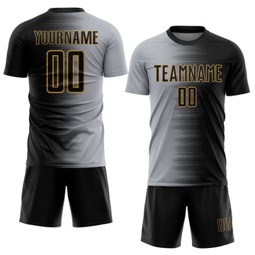 Custom Black Gray-Old Gold Gradient Line Sublimation Soccer Uniform Jersey