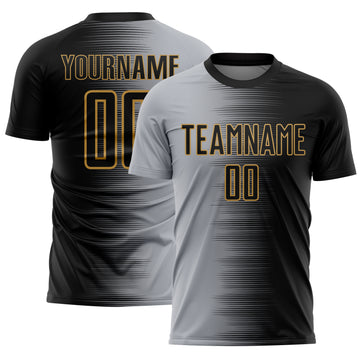 Custom Black Gray-Old Gold Gradient Line Sublimation Soccer Uniform Jersey