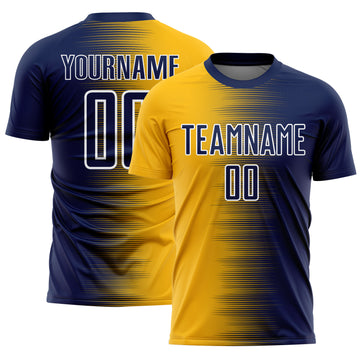 Custom Navy Gold-White Gradient Line Sublimation Soccer Uniform Jersey