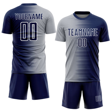 Custom Navy Gray-White Gradient Line Sublimation Soccer Uniform Jersey