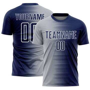 Custom Navy Gray-White Gradient Line Sublimation Soccer Uniform Jersey