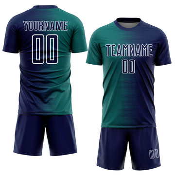 Custom Navy Teal-White Gradient Line Sublimation Soccer Uniform Jersey