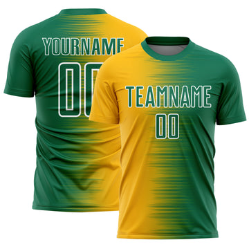 Custom Kelly Green Gold-White Gradient Line Sublimation Soccer Uniform Jersey