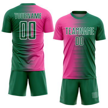 Custom Kelly Green Pink-White Gradient Line Sublimation Soccer Uniform Jersey