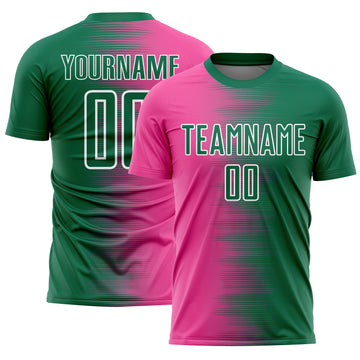 Custom Kelly Green Pink-White Gradient Line Sublimation Soccer Uniform Jersey