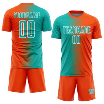 Custom Orange Aqua-White Gradient Line Sublimation Soccer Uniform Jersey