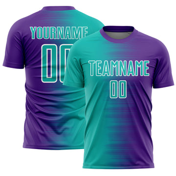 Custom Purple Aqua-White Gradient Line Sublimation Soccer Uniform Jersey