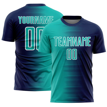 Custom Navy Aqua-White Gradient Line Sublimation Soccer Uniform Jersey