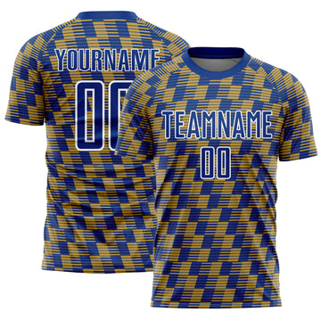 Custom Royal Old Gold-White Line Sublimation Soccer Uniform Jersey