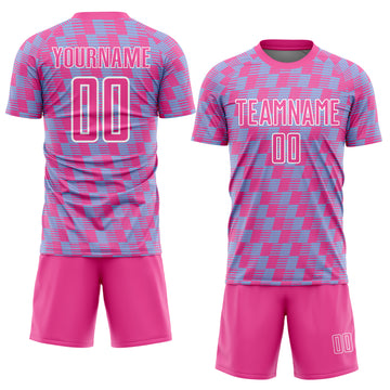 Custom Pink Light Blue-White Line Sublimation Soccer Uniform Jersey