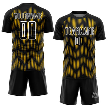 Custom Black Yellow-White Line Sublimation Soccer Uniform Jersey