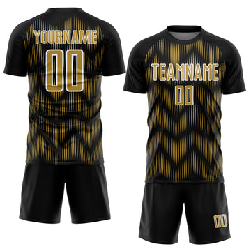 Custom Black Old Gold-White Line Sublimation Soccer Uniform Jersey