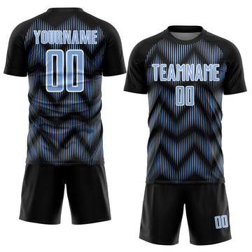 Custom Black Light Blue-White Line Sublimation Soccer Uniform Jersey