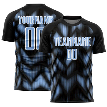 Custom Black Light Blue-White Line Sublimation Soccer Uniform Jersey