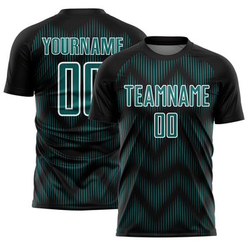 Custom Black Teal-White Line Sublimation Soccer Uniform Jersey