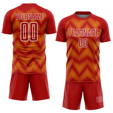 Custom Red Yellow-White Line Sublimation Soccer Uniform Jersey